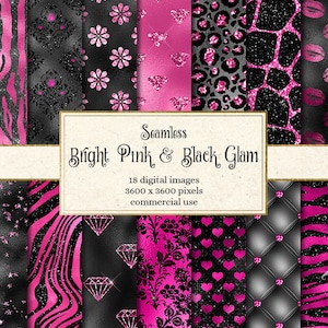 Bright Pink and Black Glam Digital Paper, seamless black and pink glitter glam backgrounds sparkle, diamonds unicorns damask tiger stripes