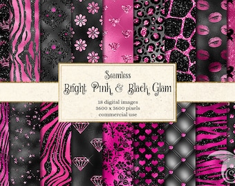 Bright Pink and Black Glam Digital Paper, seamless black and pink glitter glam backgrounds sparkle, diamonds unicorns damask tiger stripes