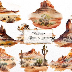 Akwarela Mesas i Buttes Clipart - zachodni krajobraz pustyni Format PNG natychmiastowe pobranie do użytku komercyjnego