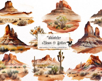 Watercolor Desert Landscape Clipart – Western Mesas & Buttes (PNG Download)
