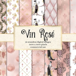 Vin Rosé Digital Paper, naadloos roze wijn Frans patroon, met wijnflessen en glazen voor commercieel gebruik van afdrukbaar plakboekpapier
