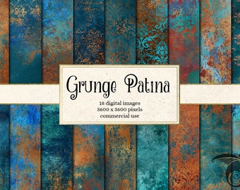 Grunge Patina Digital Paper, antique copper textures, damask printable scrapbook paper backgrounds, distressed copper and patina blue