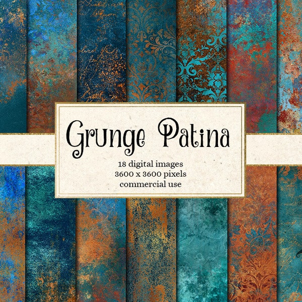 Grunge Patina Digital Paper, antique copper textures, damask printable scrapbook paper backgrounds, distressed copper and patina blue