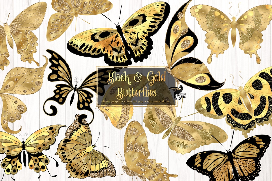 Black and Gold Butterflies Clipart, Pastel Butterfly Instant Download