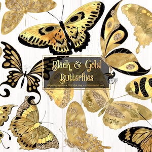 Imágenes Prediseñadas de mariposas negras y doradas, descarga instantánea de mariposas pastel para uso comercial