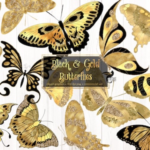 Black and Gold Butterflies Clipart, pastel butterfly instant download for commercial use