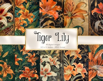 Art Nouveau Tiger Lily Digitales Papier, Seiten zum Ausdrucken (Digitaler Download)