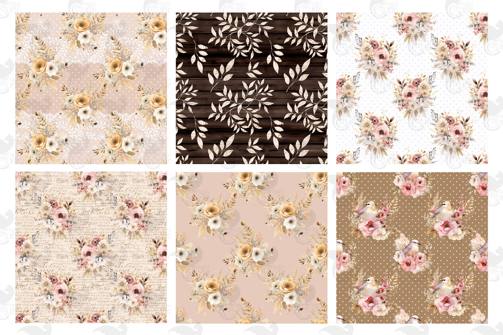 Neutral Floral Digital Paper – Seamless Rustic Patterns (digital ...