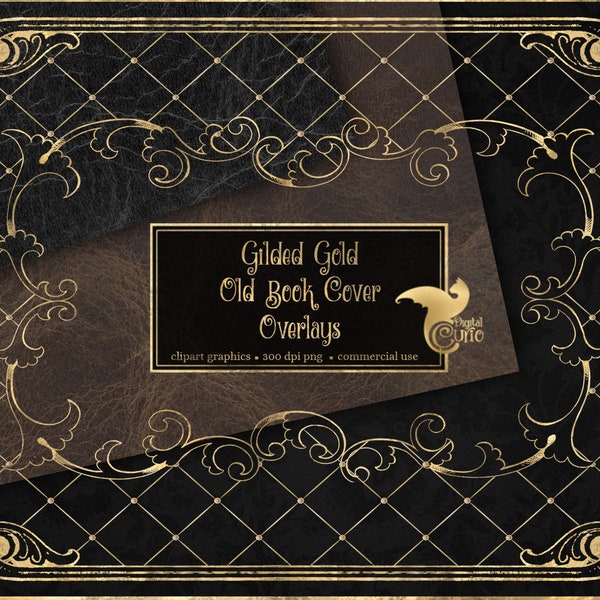 Gilded Gold Old Book Cover Overlays, decorative antique book covers 8.5 x 11 instant download digital clipart for commercial use