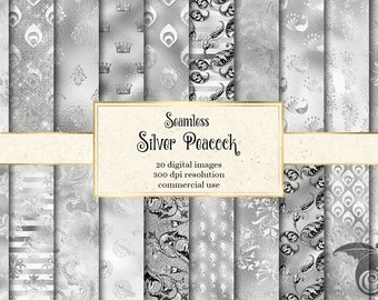 Silver Peacock Digital Paper, Seamless Shimmer Textures (Digital Download)