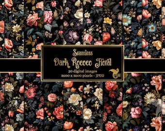 Donker rococo-bloemen digitaal papier, gotisch naadloos patroon (JPG)