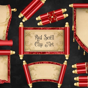 May include: Red scroll clip art with gold accents and a velvet background. The scrolls are in various shapes and sizes, some with text and some blank.