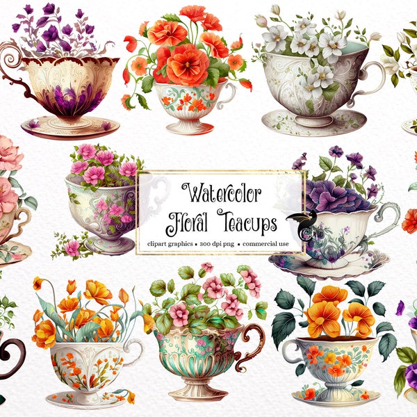 Watercolor Floral Teacups Clipart - flower tea cup PNG format instant download for commercial use