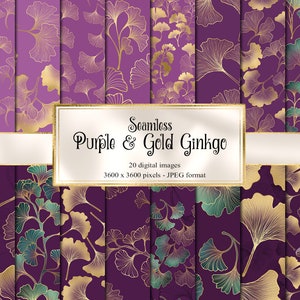 Papel digital Ginkgo roxo e dourado, padrões de folhas perfeitas com download instantâneo de folha de ouro para uso comercial