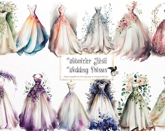 Watercolor Floral Wedding Dresses Clipart, flower ivory dresses and gowns  PNG clip art graphics instant download for commercial use
