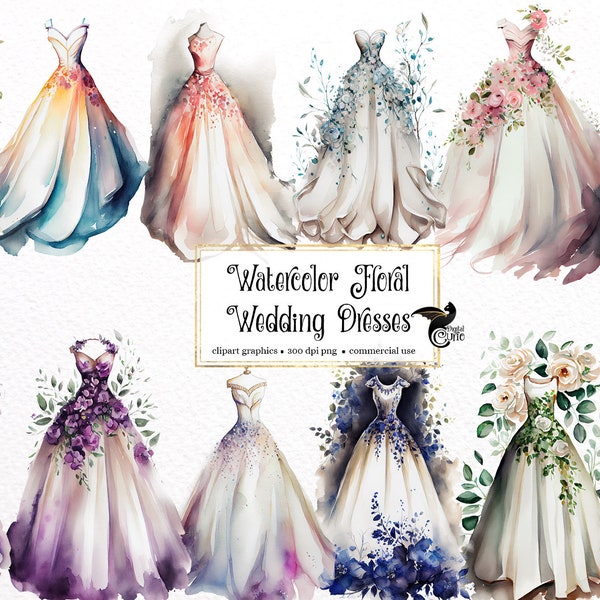 Watercolor Floral Wedding Dresses Clipart, flower ivory dresses and gowns PNG clip art graphics instant download for commercial use