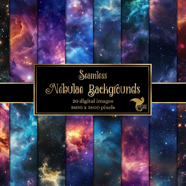 Nebulae Digital Paper, seamless texture galaxy nebula and star backgrounds, gold star scrapbook paper instant download