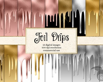 Glitter Foil Drips Digital Paper, Rose Gold, Silver (Digital Download)