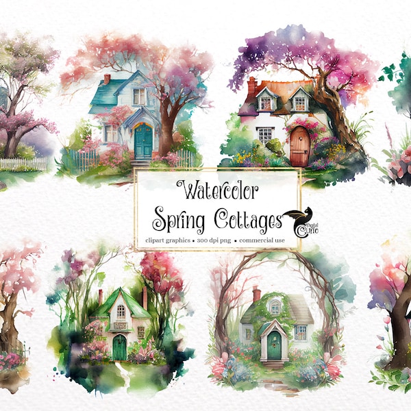 Watercolor Spring Cottages Clipart - springtime cute little houses PNG format instant download for commercial use