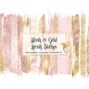 Blush and Gold Brush Strokes Clipart, with pink glitter and gold foil in digital PNG format instant download for commercial use