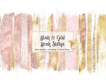 Blush and Gold Brush Strokes Clipart, with pink glitter and gold foil in digital PNG format instant download for commercial use