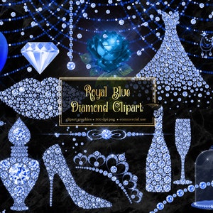 May include: Royal Blue Diamond Clipart - A collection of digital clipart graphics featuring various objects made of blue diamonds, including a dress, a rose, a crown, a bottle, a glass, a mirror, a pair of shoes, a perfume bottle, lips, a heart, and a balloon.