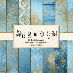 Papel digital azul celeste e dourado, fundos vintage grunge angustiados em azul bebê e dourado, texturas de casamento antigas, download instantâneo