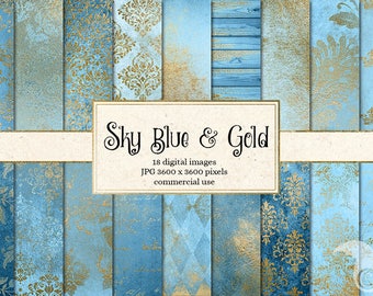 Sky Blue and Gold Digital Paper, vintage grunge distressed baby blue and gold backgrounds, antique wedding textures instant download
