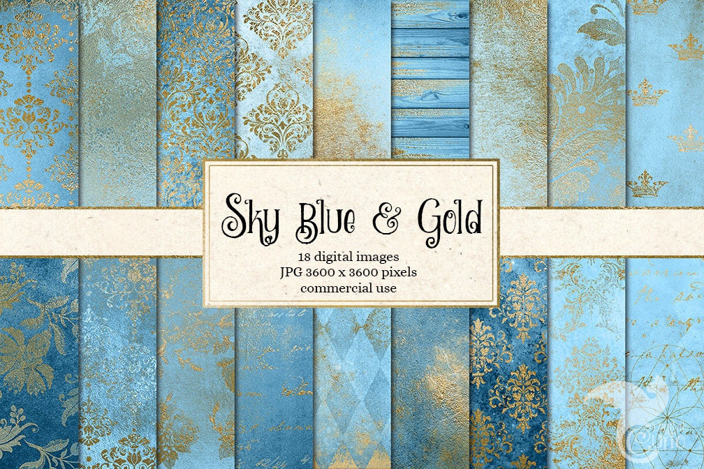 Sky Blue and Gold Digital Paper, Vintage Grunge Distressed Baby Blue and  Gold Backgrounds, Antique Wedding Textures Instant Download 