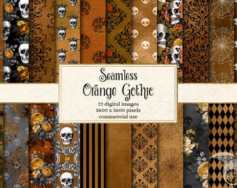 Seamless Orange Gothic digital paper, skull damask Halloween scrapbook paper, distressed grunge texture, goth backgrounds, victorian vintage