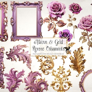 Clipart de ornamentos rococó malva e dourado - gráficos de clip art de molduras de fantasia para arte alterada ou diários indesejados, download instantâneo