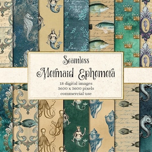 Mermaid Ephemera Digital Paper, vintage mermaid digital paper printable scrapbook paper antique seamless patterns instant download