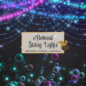 Mermaid String Lights Clipart, luces de cadena de concha, superposiciones, luces bokeh, burbujas, sirena clip art descarga instantánea uso comercial