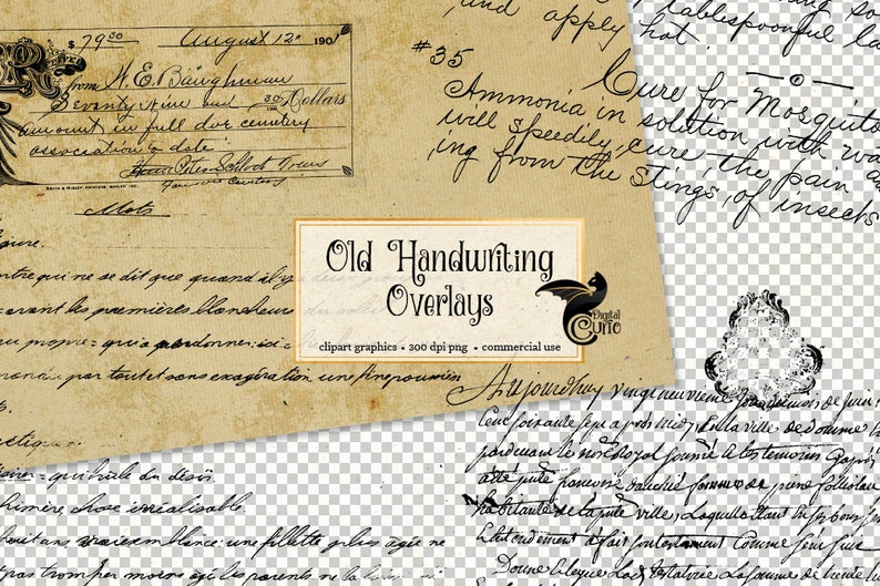 Anciennes superpositions d'écriture manuscrite, lettres vintage numériques PNG superposition clipart et texture de papier ancien pour les journaux indésirables découpage scrapbooking numérique image 1