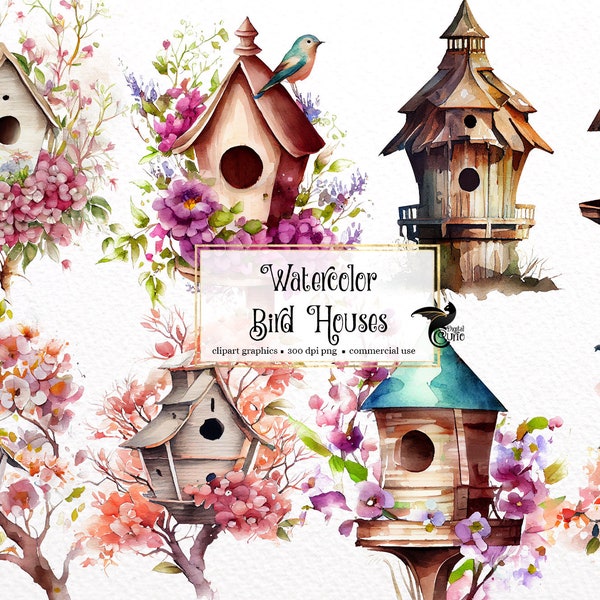 Watercolor Bird Houses Clipart - springtime cute birdhouses and blossoms PNG format instant download for commercial use