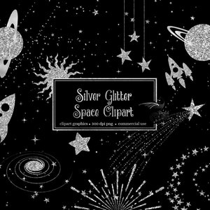 Silver Glitter Space Clipart - glitter galaxy solar system with planets, stars and rocket ships instant download for commercial use