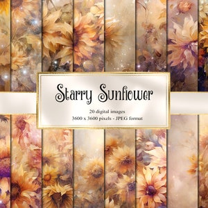 Starry Sunflower Digital Paper, floral autumn celestial digital paper fantasy scrapbook pages printable paper instant download
