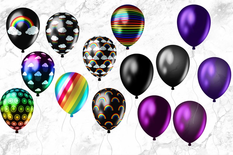 Peut inclure: Une collection de 12 ballons color&eacute;s avec diff&eacute;rents motifs, notamment des arcs-en-ciel, des nuages, des rayures et des motifs g&eacute;om&eacute;triques. Les ballons sont brillants et r&eacute;fl&eacute;chissent la lumi&egrave;re.