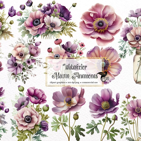 Watercolor Mauve Anemone Clipart - purple spring floral in PNG format instant download for commercial use