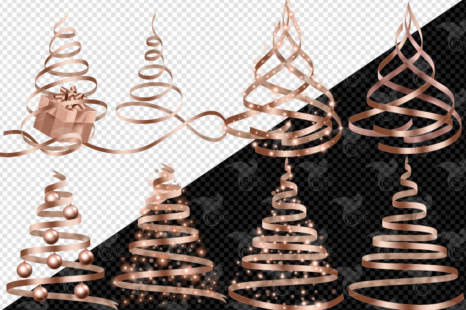 Rose Gold Ribbon Christmas Tree Clip Art – Glitter PNG Graphics ...