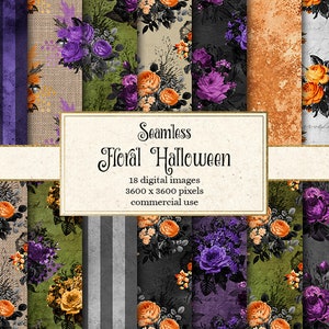 Floral Halloween Digital Paper, rustic halloween textures, seamless flower backgrounds, purple orange and black floral scrapbook paper