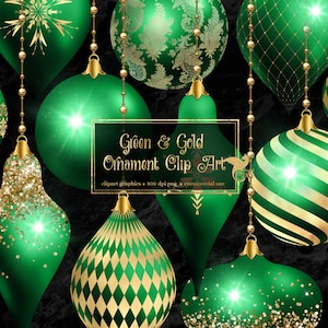 Green and Gold Christmas Ornaments Clipart, digital glitter Christmas ball ornament clip art in png format for commercial use
