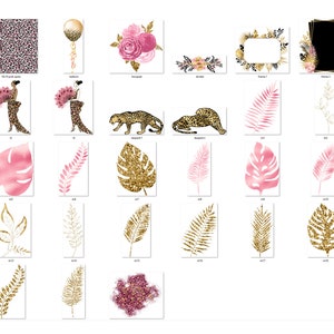 May include: A set of digital clipart images featuring pink and gold tropical leaves, flowers, and animal prints. The images are perfect for creating invitations, cards, and other digital projects.