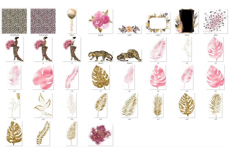 May include: A set of digital clipart images featuring pink and gold tropical leaves, flowers, and animal prints. The images are perfect for creating invitations, cards, and other digital projects.