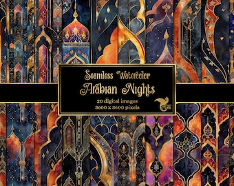 May include: 20 digital seamless watercolour patterns featuring intricate gold and blue geometric designs with a starry night sky background. The patterns are 3600 x 3600 pixels and are titled "Seamless Watercolor Arabian Nights".