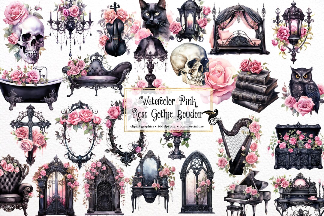 Watercolor Pink Rose Gothic Boudoir Clipart Fantasy Watercolor Fashion ...