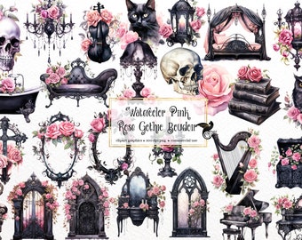 Watercolor Gothic Boudoir Clipart – Pink Rose Illustrations (PNG Digital Download)