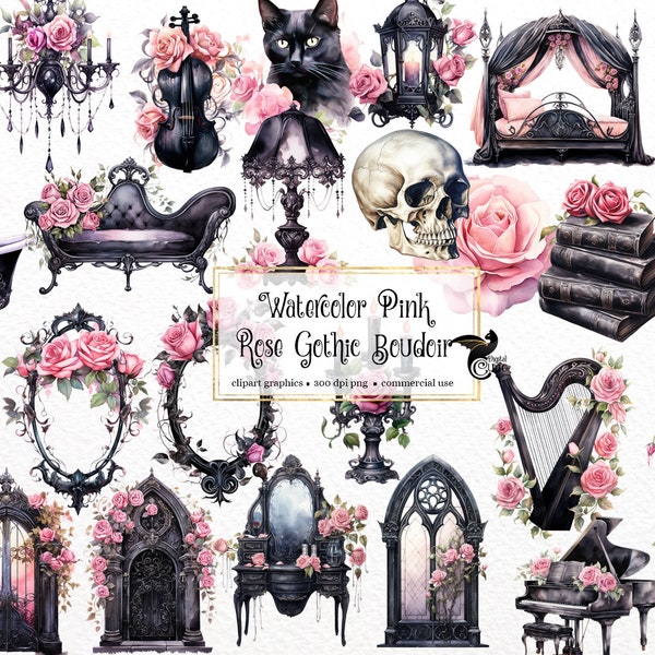 Watercolor Pink Rose Gothic Boudoir Clipart - fantasy watercolor fashion PNG format instant download for commercial use