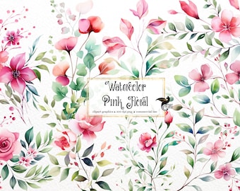 Watercolor Pink Floral Clipart – Botanical Flower PNG (Commercial Use)