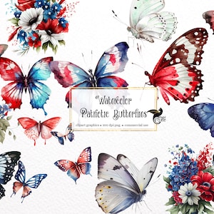 Watercolor Patriotic Butterflies Clipart - butterflies and flowers in PNG format instant download for commercial use